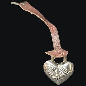 Silver Puffer Heart Hang FOB Purse Charm With Brown Leather Strap